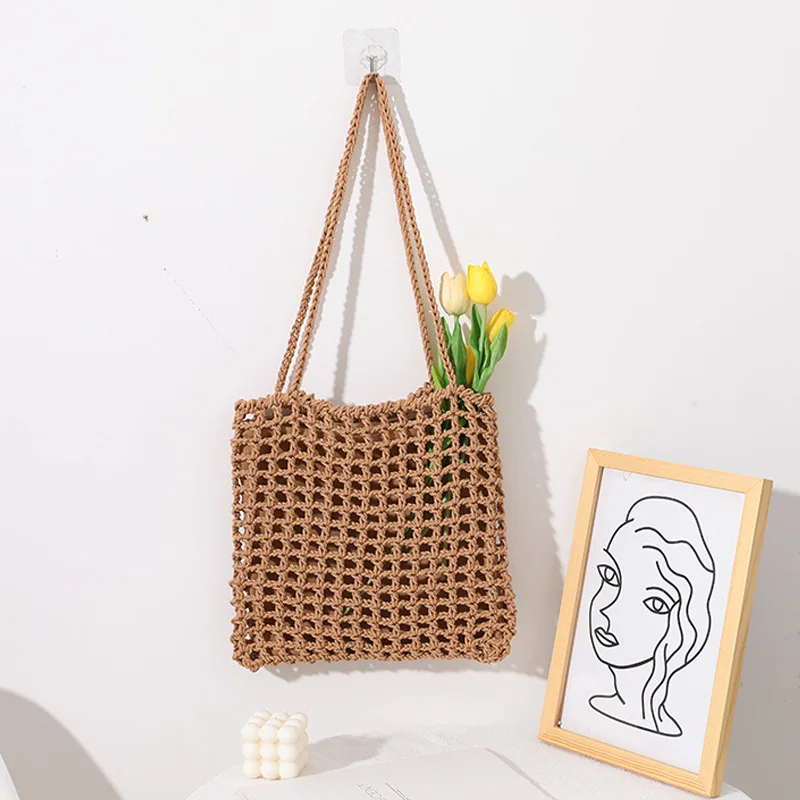 

Korean Small Square Woven Bag All-Match One-Shoulder Cotton Thread Women's Bag Hand-Held Hollow Fishnet Bag Holiday Straw Bag
