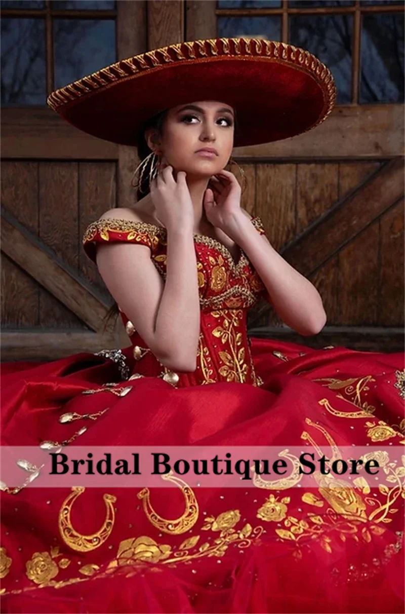 Recién llegado, vestido De baile rojo Mexi, Vestidos De quinceañera con lazo, dulce 16 vestido dorado bordado con volantes, Vestidos De Xv Años personalizados