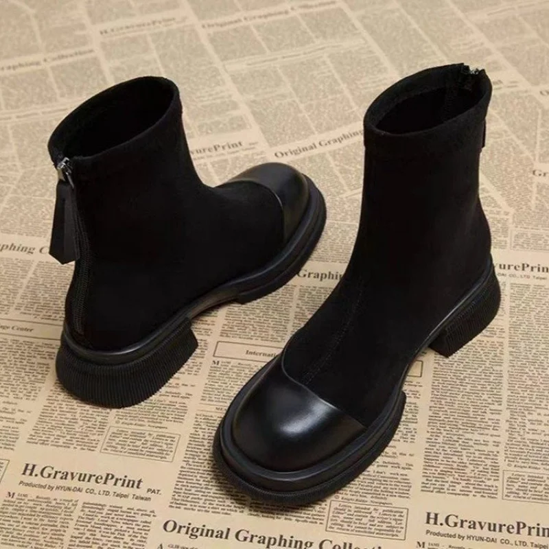 Französische Minimalistische Stretch-Sockenstiefel für Damen, Vintage-Stil mit Runder Spitze, Klobiger Absatz, Modische Stiefeletten, Dezenter Luxus, Mattleder-Knöchelstiefel – Detail 5