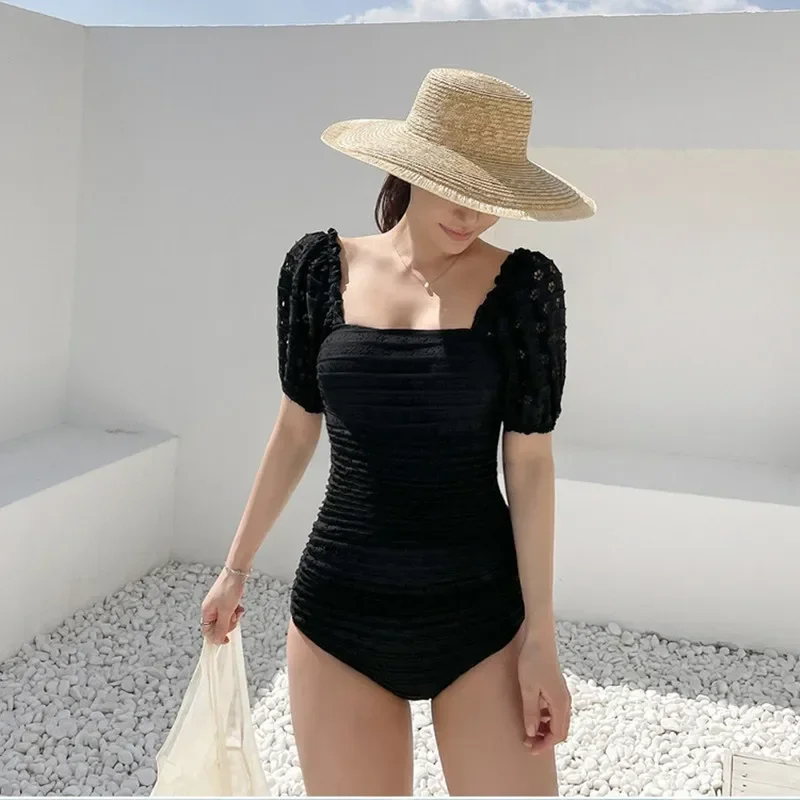 Nuevo estilo coreano, bañador de cintura alta para mujer, Monokini de manga corta, Color puro, traje de baño conservador de primavera, conjunto de Bikini
