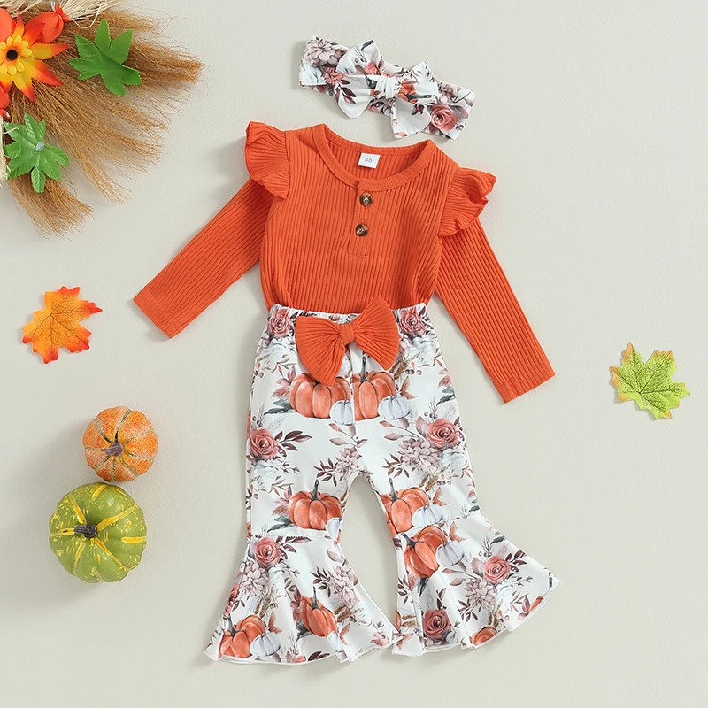 

Baby Girls Fall Outfit Long Sleeve Romper with Pumpkin Print Flare Pants and Headband Halloween Clothes