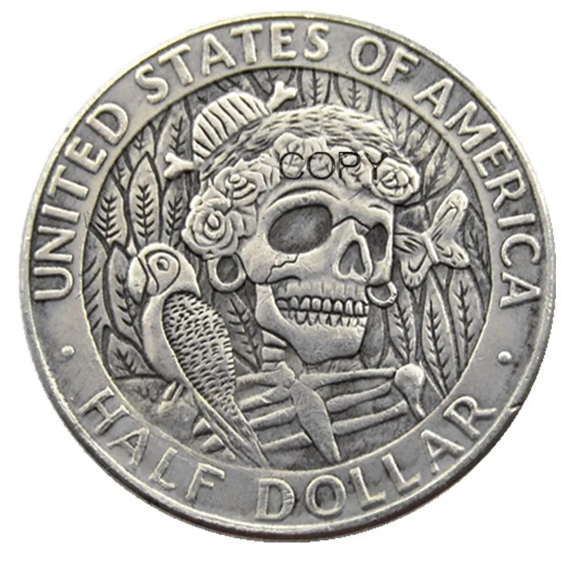 FK(08) Hobo Creative 1964 Kennedy Silver Half Dollar skull zombie skeleton hand carved Silver Plated Silver Plated Copy Coins