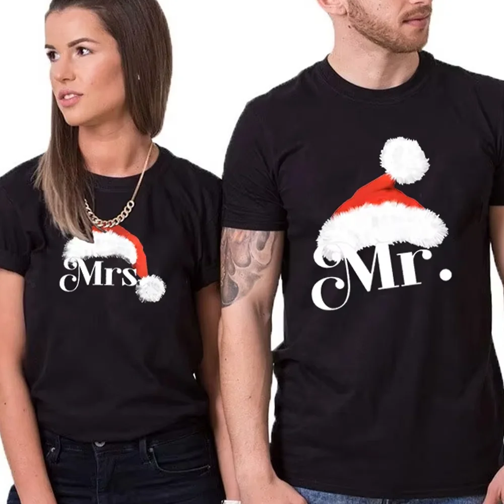 

Парные футболки, хлопковая футболка с надписью «Mr» и «Mrs», «Santa Hat», мужские и женские футболки для рождественской вечеринки, одежда для пар