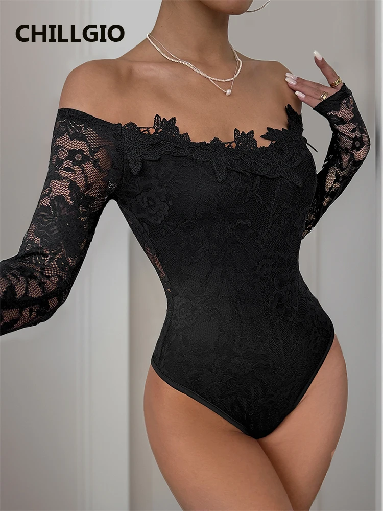 CHILLGIO Women Floral Lace Off Shoulder Long Sleeves Rompers Bodycon One Piece Combination Onesie Slim Sexy Slash Neck Bodysuits