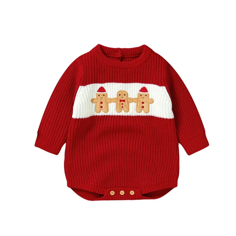 

0-18M Newborn Baby Girl Boy Christmas Romper Snowman Embroidery Long Sleeve Knitted Sweater Jumpsuit for Winter Fall