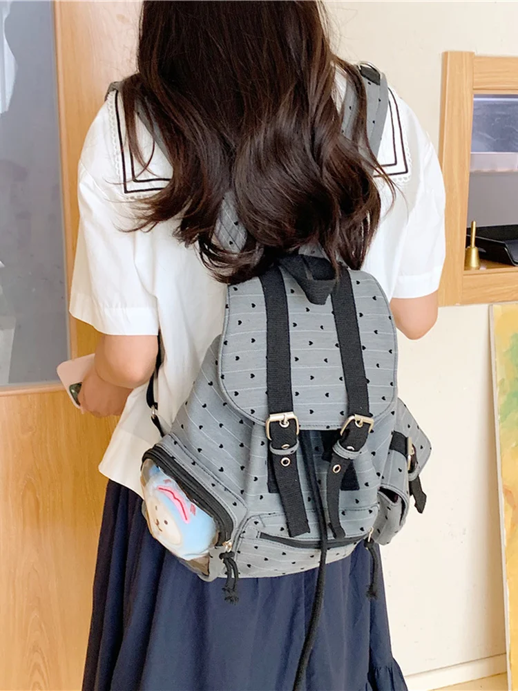 

Japanese Retro Polka Dot Pocket Backpack Large Capacity Casual School Bag Student Leisure Bag Double Shoulder Bag for Youth