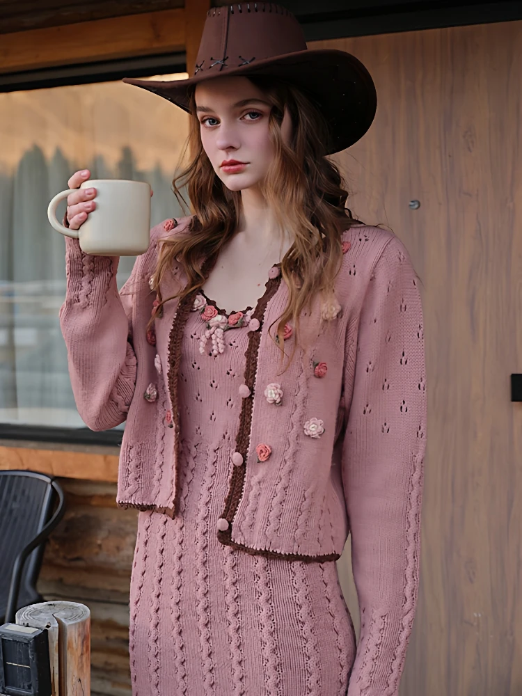 80-92cm Spring Fall Pink Knitted Wool Dresses Women French Vintage Elegant Slim Handmade Crochet Flowers Hollow Out Sling Dress