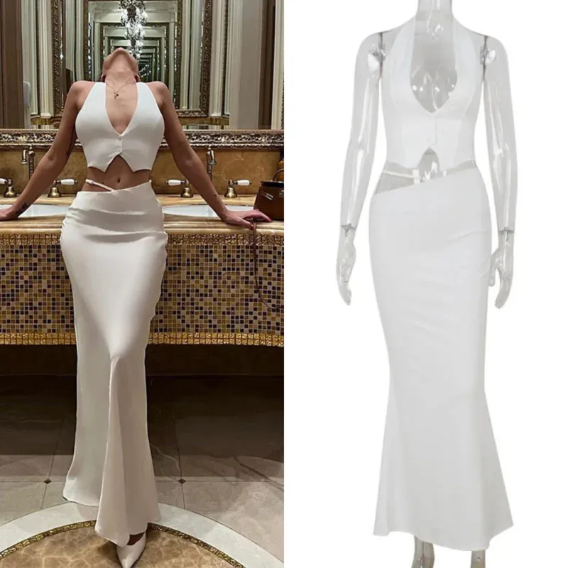 

Fashion Elegant V Neck Suits Sets Women Solid Backless Sexy Club Sleeveless Party Sheath Tracksuits 2 Pcs Tops And Skirts New