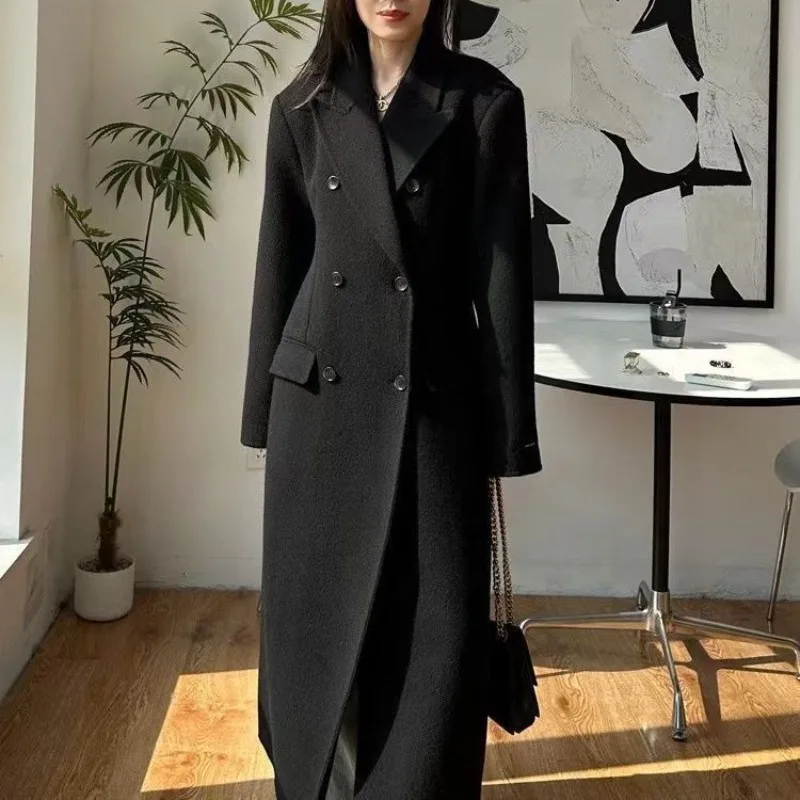 New Autumn Winter Coat Small Waist Shoulder Pad Double-sided Wool Stylish Maillard High-end Double-row Long Coat Women Outerwear