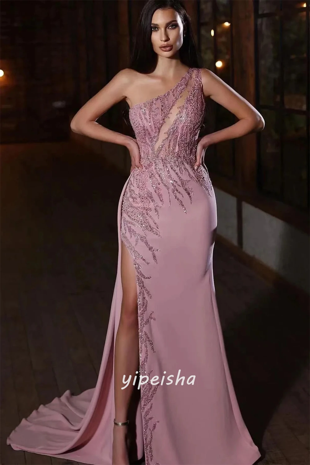 Maßgeschneiderte komplizierte exquisite Jersey-Perlen-Pailletten-Meerjungfrau-Cocktailkleider One-Shoulder-lange Kleider Abendkleider Sexy – Detail 3