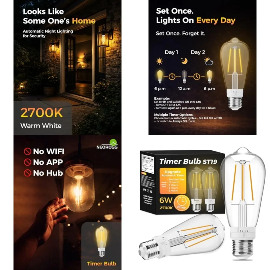 

ST19 Timer Light Bulb Pack: Vintage Edison LED Bulbs with Built-in Timer, 3H/6H/9H/1H Auto Modes, Warm White 700K 600lm, E6 Bas