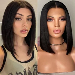 Peluca de cabello sintético con encaje Frontal para mujer, sin pegamento pelo negro, corte Bob corto, recto, fiesta