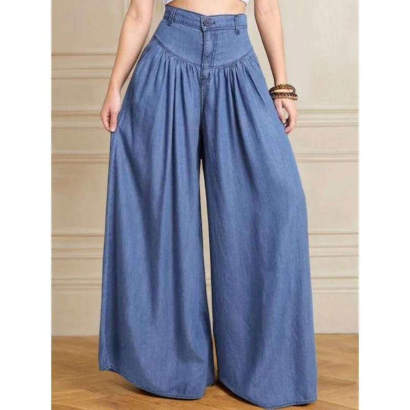 

Винтажные синие женские джинсы, новинка 2026, хлопковые плиссированные брюки с высокой талией и карманами, широкие брюки на молнии, мягкие джинсовые брюки, женская одежда 177290