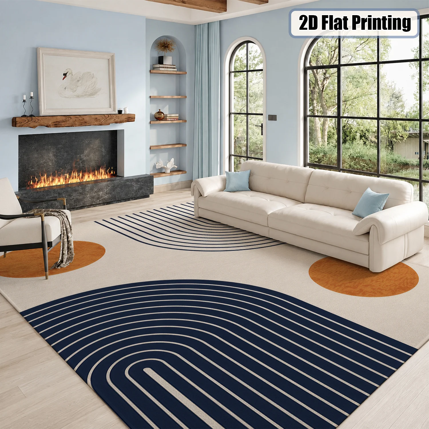 Large Indoor Area Rug, Soft Velvet Low Pile Rug with Non-slip Dotted Backing, Machine Washable Mid-Century Modern Geometric Accent Rug for Living Room, Bedroom, Entryway, Navy Blue & Terracotta Abstract Design - view 5