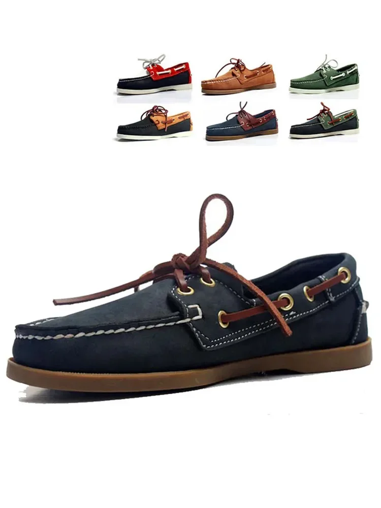 Men\'s Casual Genuine Leather Loafers Lace-Up Sewing Boat Shoes Fashion Unisex Plus Size Handmade Board Shoes Flats Driving Shoes