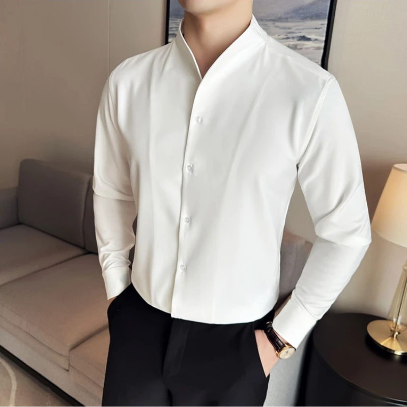 Sexy V-neck Shirt Men\'s Long Sleeved Casual Shirts Collarless Seamless Business Dress Shirt Social Party Tuxedo Blouse M-4XL