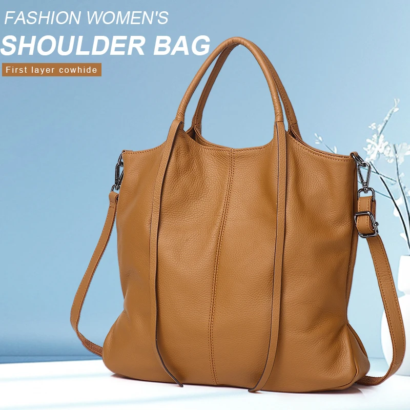 Elegant Ladies Leather Tote Bag Top Layer Cowhide High Capacity Available in Multiple Colors (Tan/Apricot/Elephant Grey/Black)