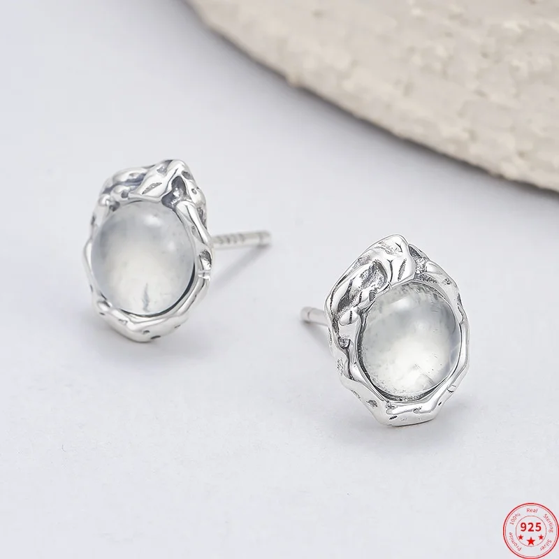 

S925 Sterling Silver Stud Earrings for Women Retro Irregular Pattern Inlaid Prehnite Ear Studs Fashion Jewelry Wholesale