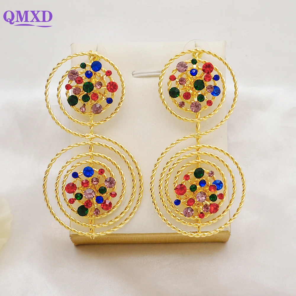 African Round Circle Copper Hoop Earrings Hanging Dangle Earrings For Women Colorful Crystal Earrings Jewelry Accessories