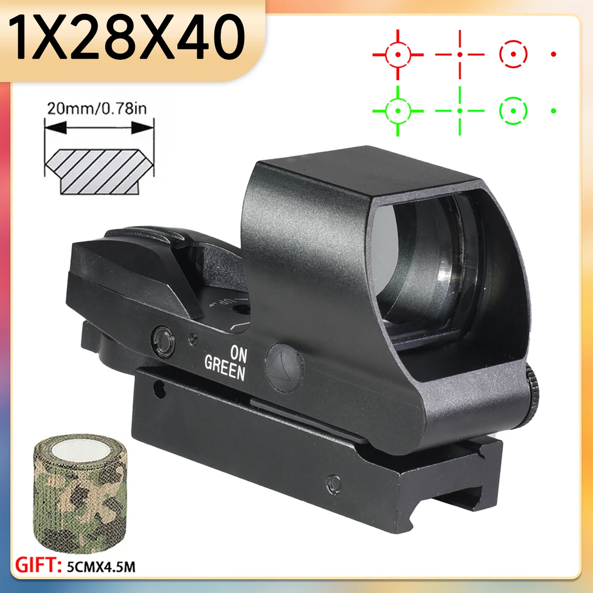 Tactical 1x28x40 Red Dot Sight Reflex 4 Reticle Sight Optical Hunting Riflescope Red/Green Dot Collimator Airsoft Scope