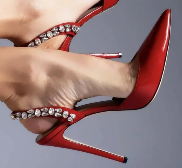2025 Bling Crystal Ankle Strap Pumps for Women Sexy Pointed Toe Thin Heel Party Shoes Ladies Black White Pu Leather High Heels