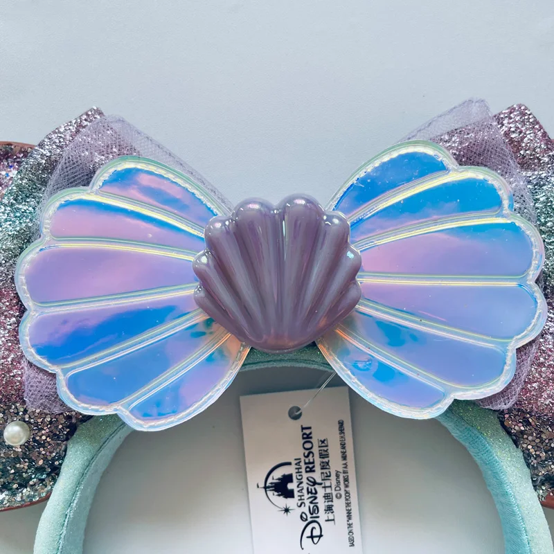 Disney Mermaid Ariel Shell Pearl Headband Adults/Child Disneyland Gradient Brightening Powder Bow Ear Women Christmas Gift