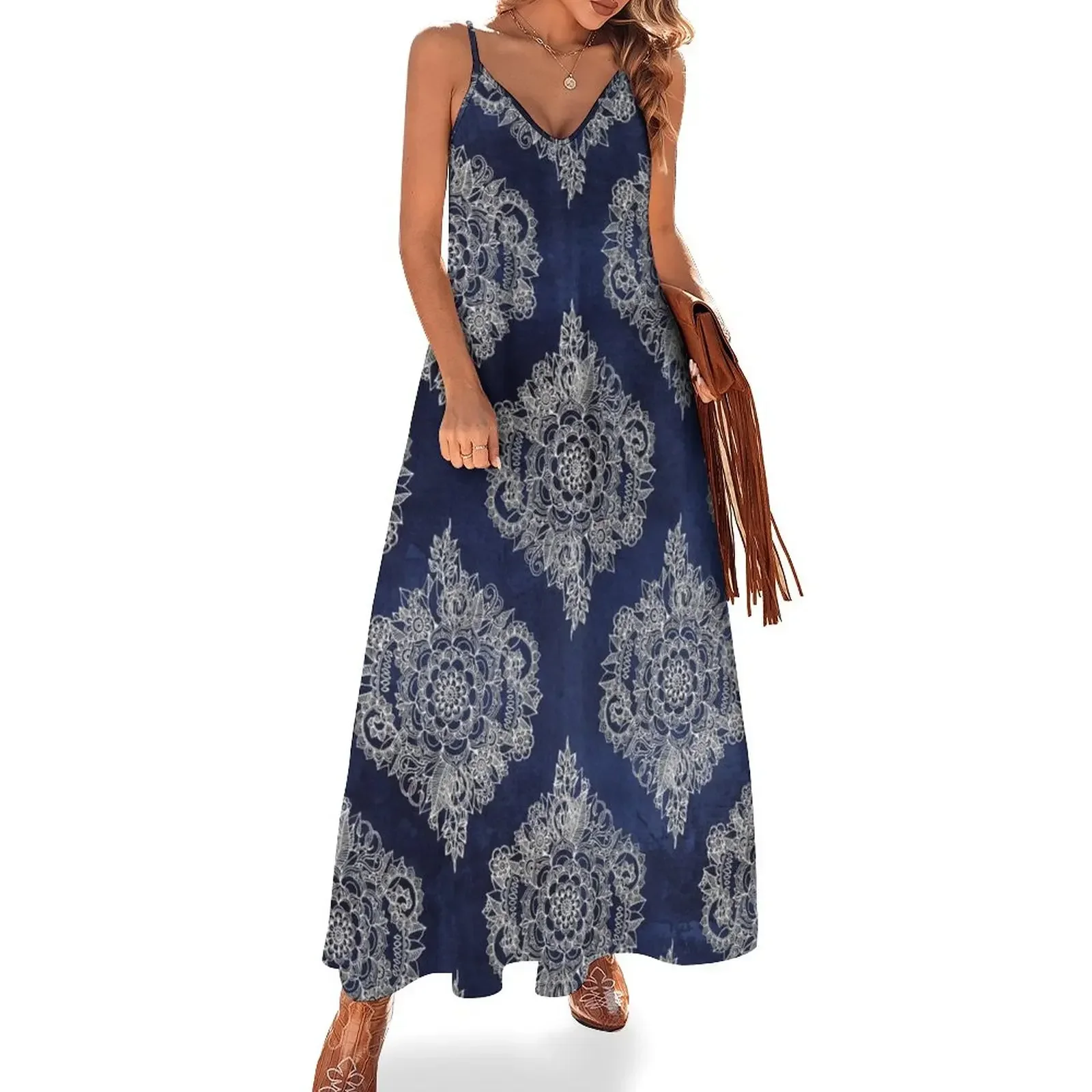 Cream Floral Moroccan Pattern on Deep Indigo Ink Sleeveless Dress Long dresses beach dresses Dress