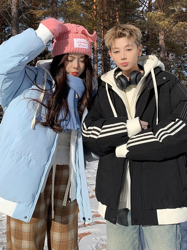 

Утепленная хлопковая куртка с полосками для мужчин, зимняя теплая молодежная модная повседневная верхняя одежда с капюшоном, имитация двухслойности для пар