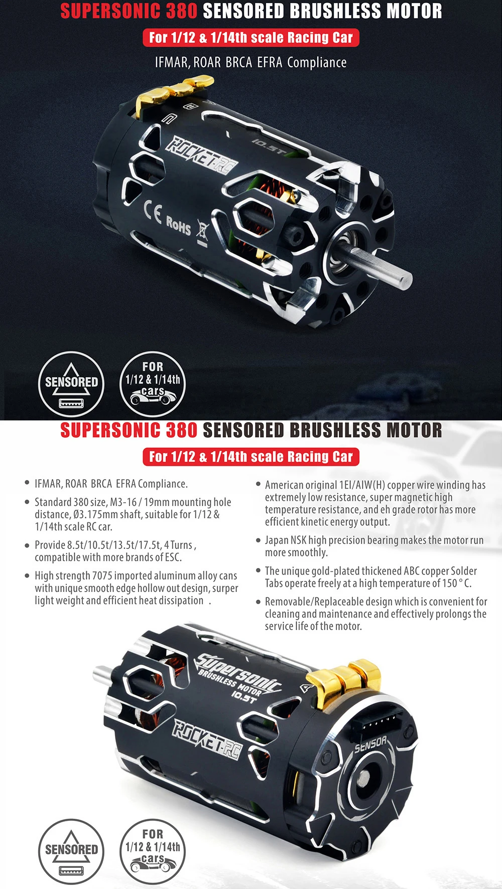 Surpass Hobby Rocket-RC Supersonic 380 8.5T 10.5T 13.5T 17.5T 2-3S Bürstenloser Sensormotor 80A 6-11V ESC für 1/12 1/14 RC-Auto – Detail 6