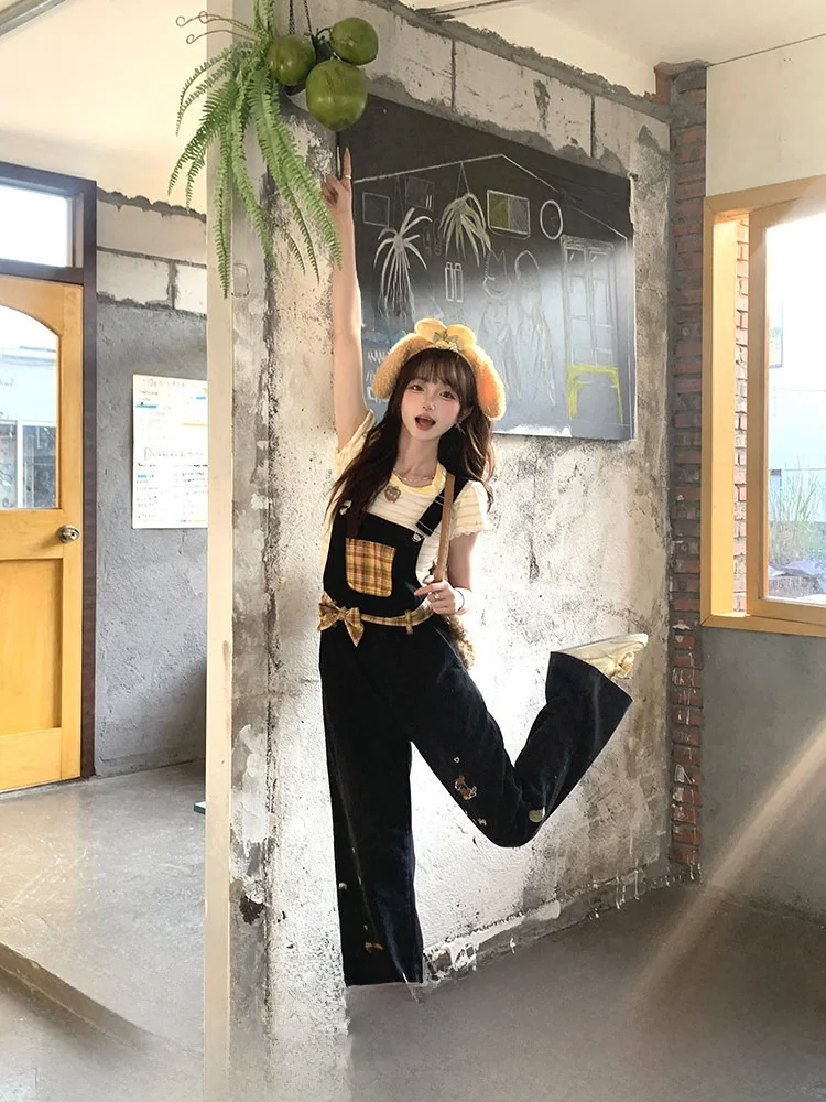 

Bla Embroidered Denim Overalls Women's Original Straight Leg Anti-Aging Long Pants High Waist Bule ket Casual Trousers