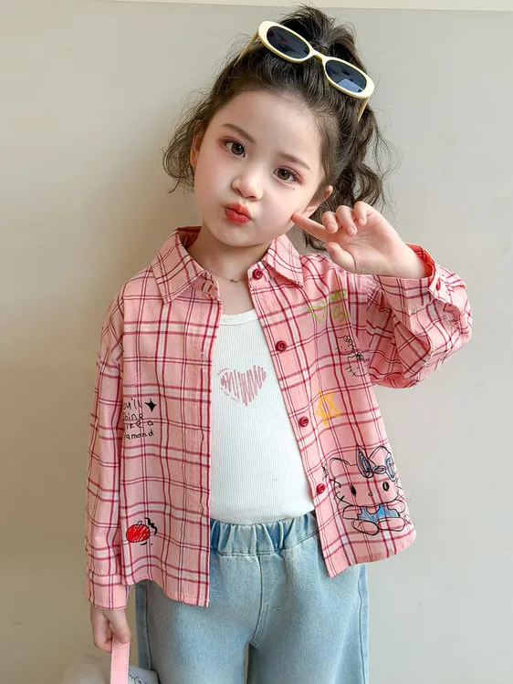 

Girls Pink irt Spring 2026 New Cartoon Print Stand Collar Single Button Long Sve Plaid Top for Baby Girls Casual Wear
