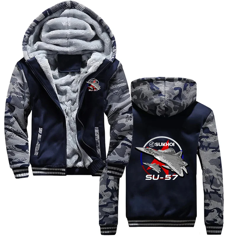 Retro Hoodies Sukhoi Su-57 Stealth Multirole Fighter Aircraft Men's Hoody Tops Zip Up Hoodie Fitting Winter Jacket Streetwear