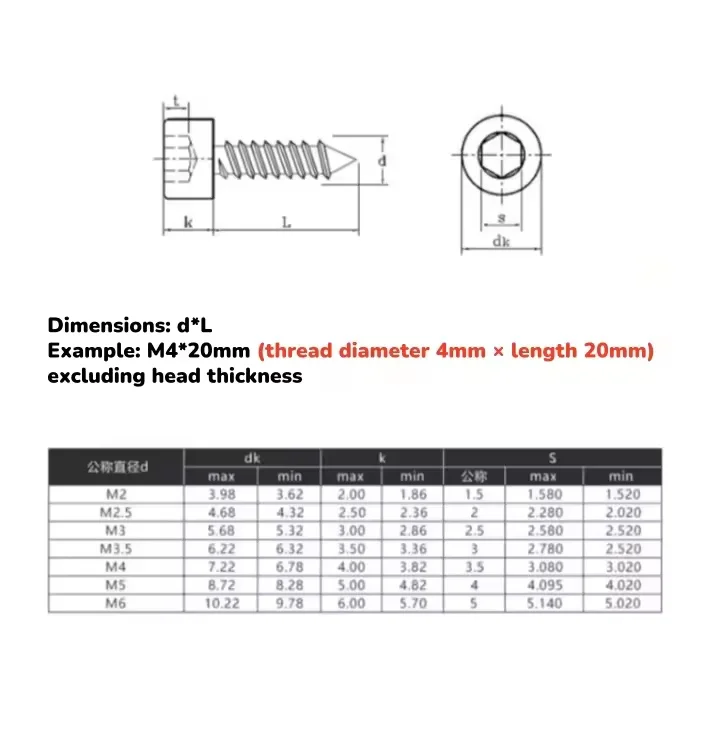 Black 304 Stainless Steel M2 ~ M6 Hex Socket Cap Head Self Tapping Screw Wood Screws Length 4 ~ 40mm
