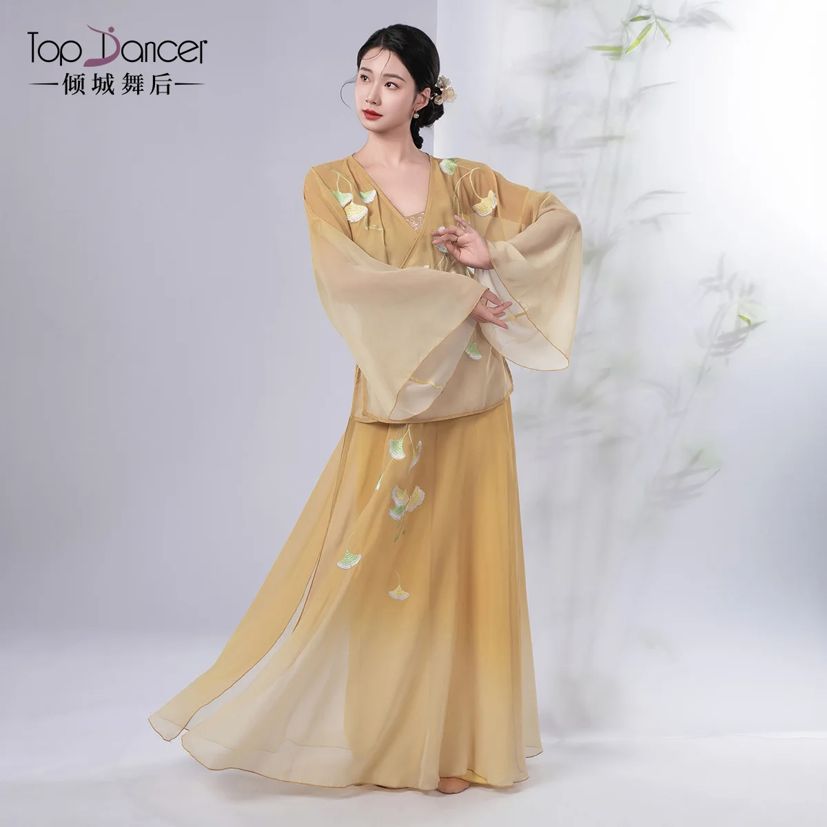 여성용 클래식 댄스 의상 그라데이션 플로잉 자수 바디 라임 거즈 드레스 신중국 스타일 연습복