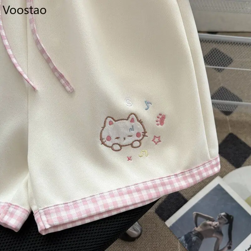 Japanese Sweet Lolita Style Shorts Women Kawaii Cartoon Cat Embroidery Short Pants Y2k Cute Patchwork Plaid Shorts Ropa Mujer