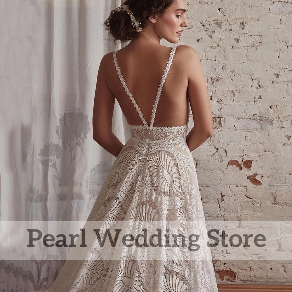 Abito da sposa senza schienale con scollo a v profondo in pizzo squisito Boho illusione Sexy con giacca a maniche lunghe da sposa romantica a-line lunghezza del pavimento