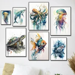 Watercolor Turtle Jellyfish Shark Octopus Fish Poster Canvas Painting Ocean Wall Art Picture for Living Room Home Decor Cuadros