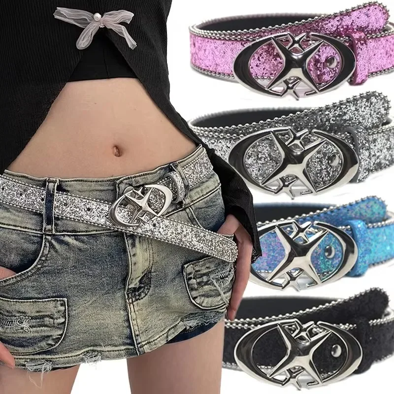 Vintage Men Women Punk Cross Star Buckle Belt Design Metal Gothic Y2k Belt Pu Leather Waistband Jeans Pants Decorative Belts