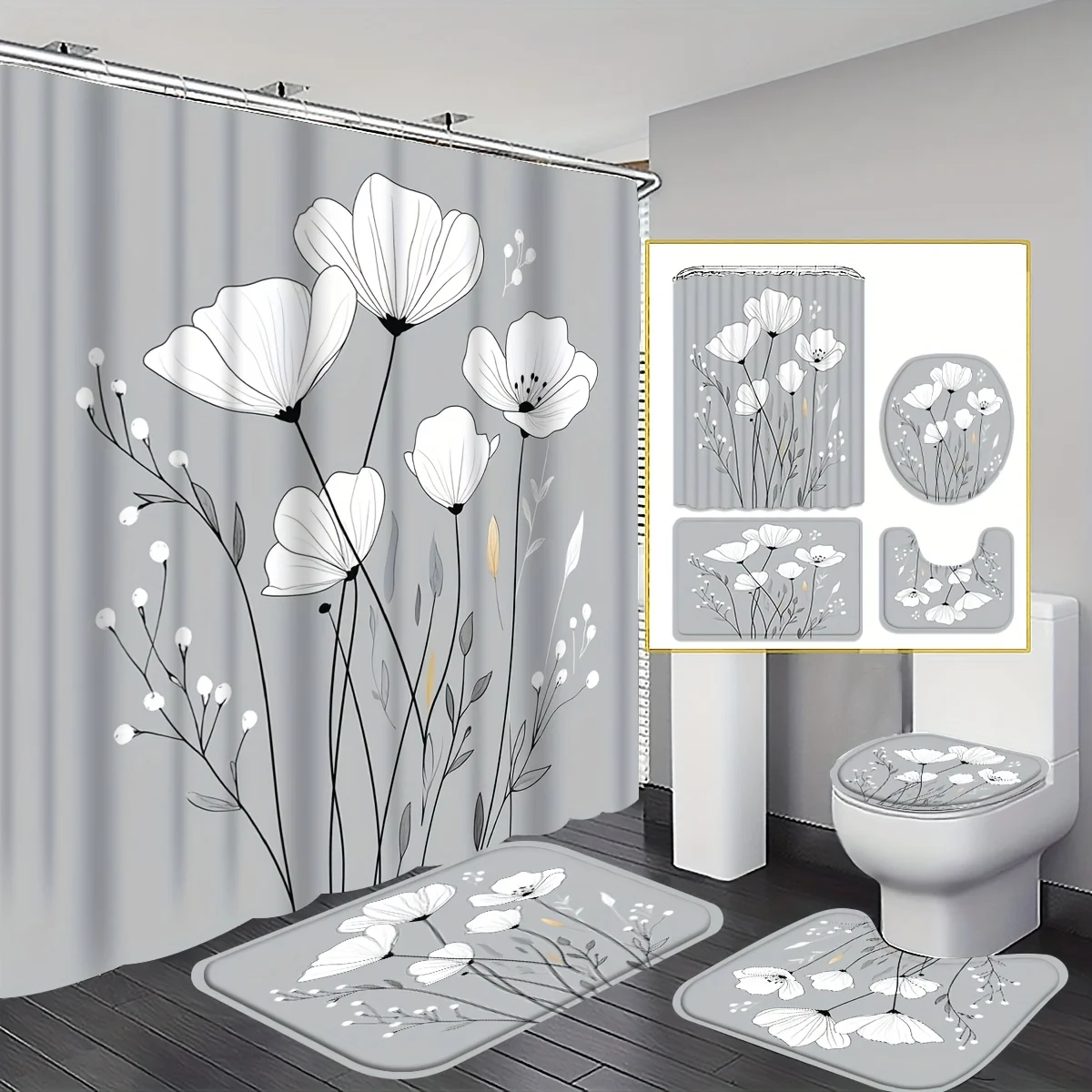 

4pc Elegant botanical pattern bathroom set, shower curtain, non-slip mat, toilet seat cover, non-slip mat.