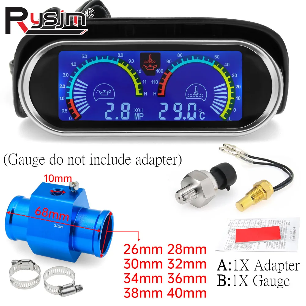 

Цифровой манометр давления масла 2-в-1 + измеритель температуры воды с датчиком температуры и давления 1/8NPT, адаптер для шланга радиатора 26-40