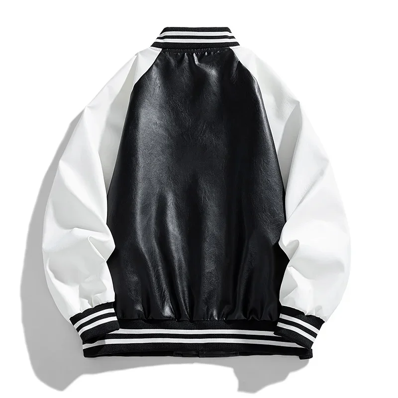 แจ็คเก็ตหนังผู้ชาย สีดำขาว ตัดต่อ สไตล์ลำลอง สวมใส่สบาย ทรงเข้ารูป หล่อ เท่ ทันสมัย เหมาะสำหรับฤดูใบไม้ร่วงและฤดูหนาว แจ็คเก็ตเบสบอลหนัง
