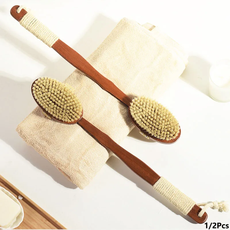 1/2 cepillo de baño de ébano con mango largo, cepillo de pelo duro para frotar la espalda, cepillo exfoliante para el cuerpo, cepillo de baño de belleza para el cuerpo
