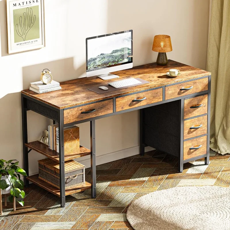 Computer Desk with 6 Drawers, Corner Desk with Storage, Work Desk for Home Office, Study, Living Room, Rustic Brown