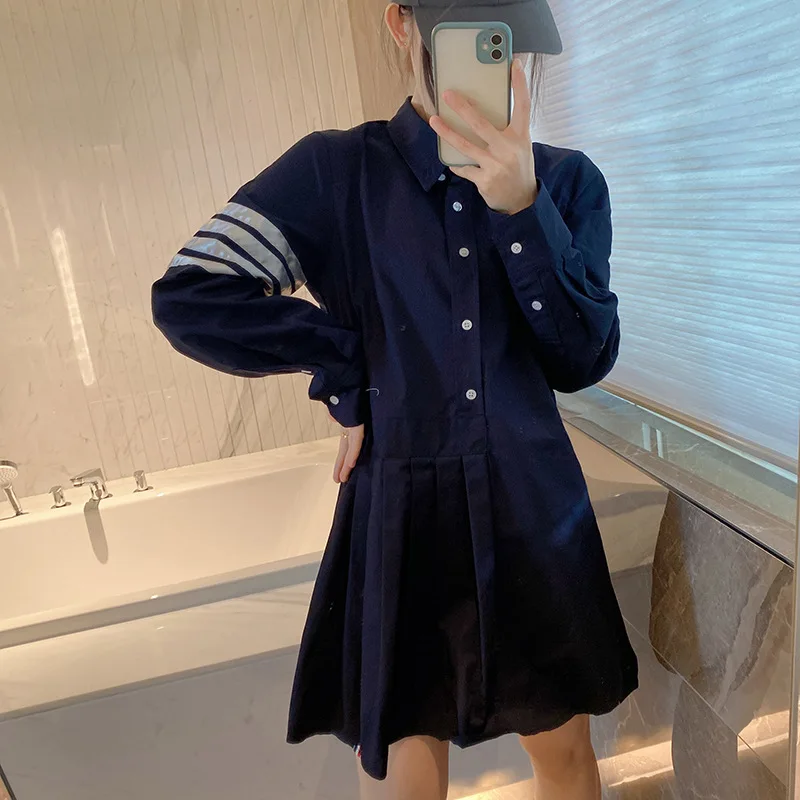 

2023 Autumn Navy Blue TB College Style Irregular Long Sleeve Pleated Skirt Dress Women's Summer Heavy Industry Temperament Skirt