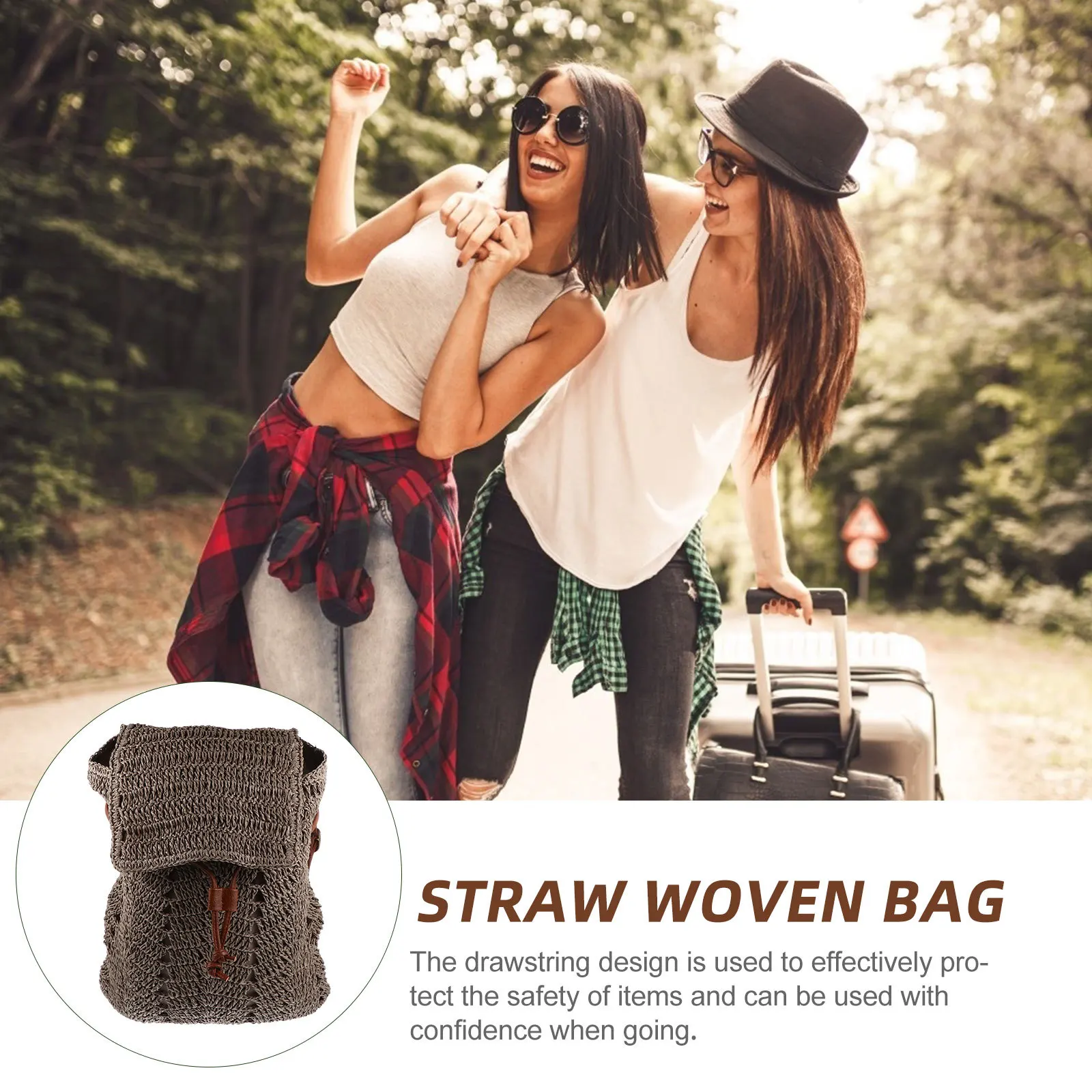 1Pcs Straw Woven Bag Moderate Size Drawstring Storage Shoulder Bag for Daily Outdoor Beach Trip Summer Fashion Backpack