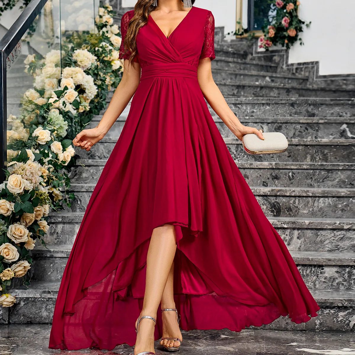 New Style Bridesmaid Dresses Ladies Pleated Deep V-Neck Large A-Swing Party Evening Dress Short Sleeve Back Zipper Prom Dresses