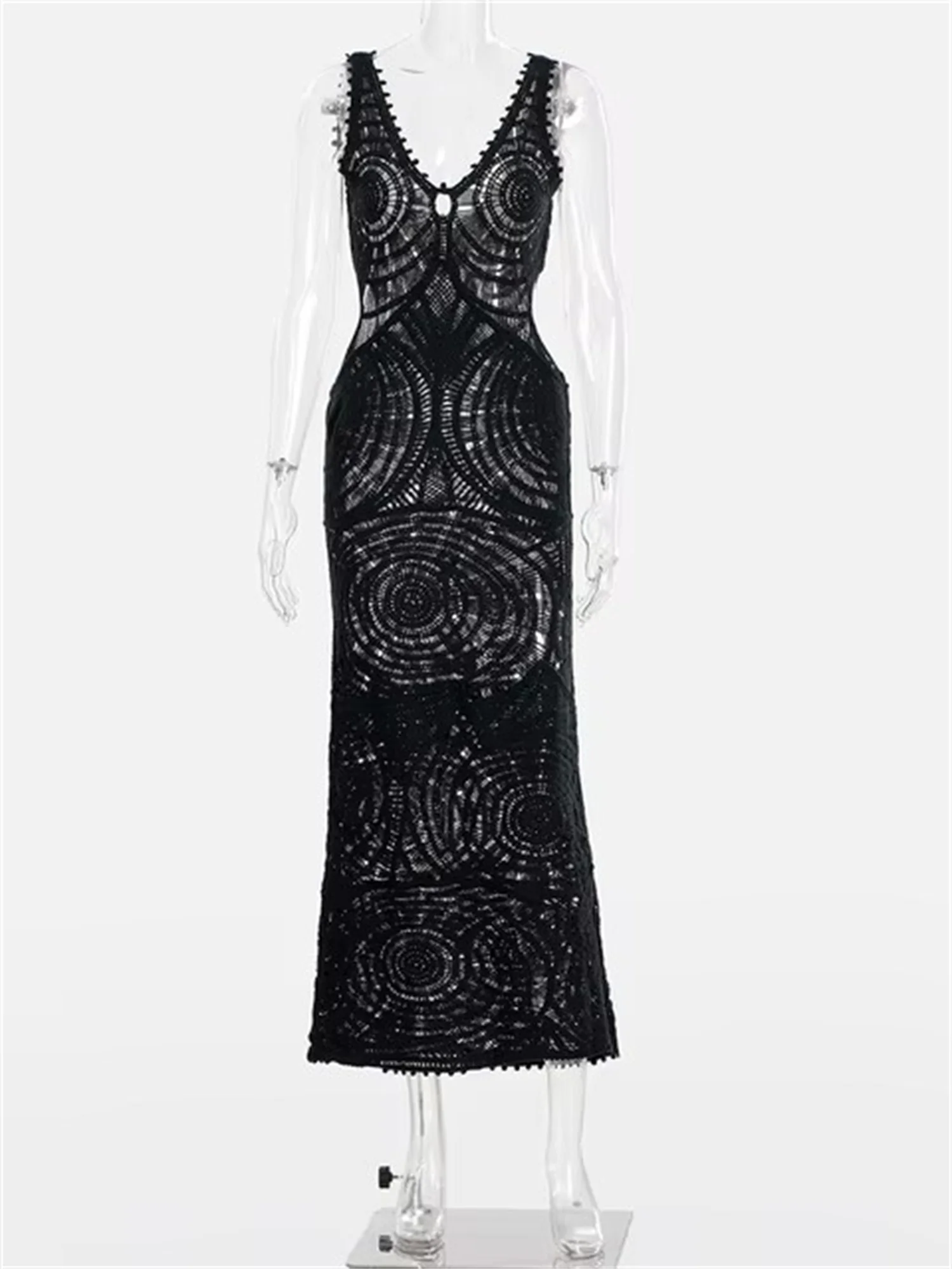 EINY Y2k Elegant White Knitted Crochet Long Dresses Women Hollow Out Sleeveless Backless Sling Vestido Summer Evening Party Robe