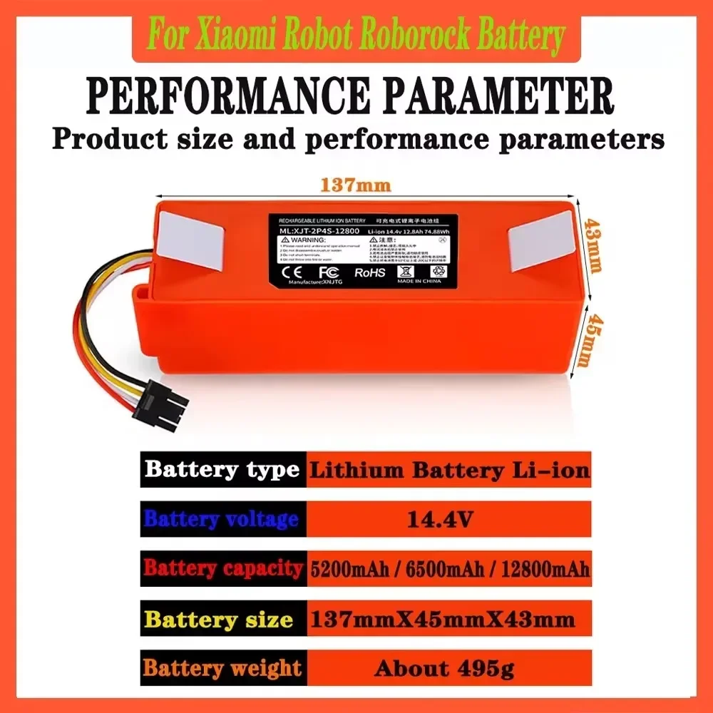 

14.4V 12800mAh 5200mAh Robotic Vacuum Cleaner Replacement Battery For Xiao Mi Roborock S55 S60 S65 S50 S51 S5 MAX S6 Parts