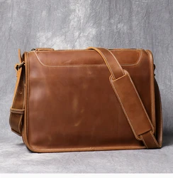Vintage Crazy Horse Leather Men's Messenger Bag Handmade Original Genuine Leather Zipper Laptop Shoulder Bags Trend Postman Bag