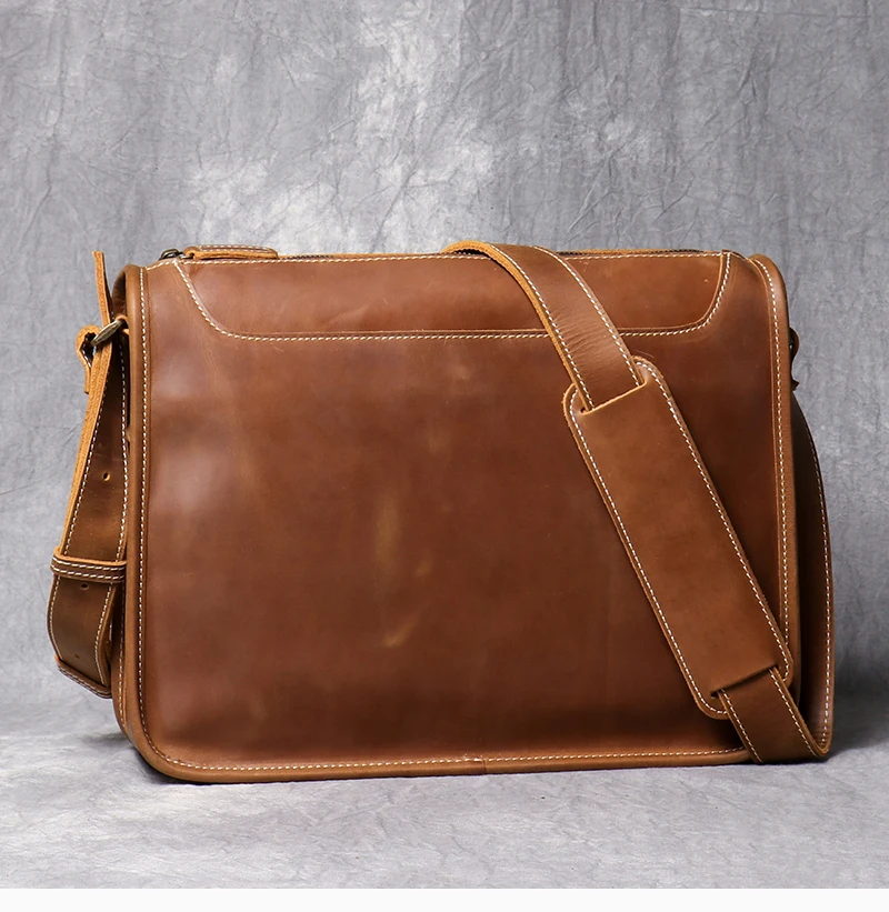 Vintage skóra Crazy Horse Messenger Bag ręcznie robiony oryginalna skóra naturalna zamek błyskawiczny torby na laptopa torba listonoszka na ramię